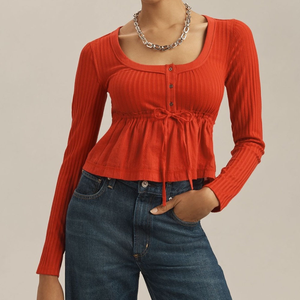 Anthropologie NWOT Red long sleeve top with tie waist